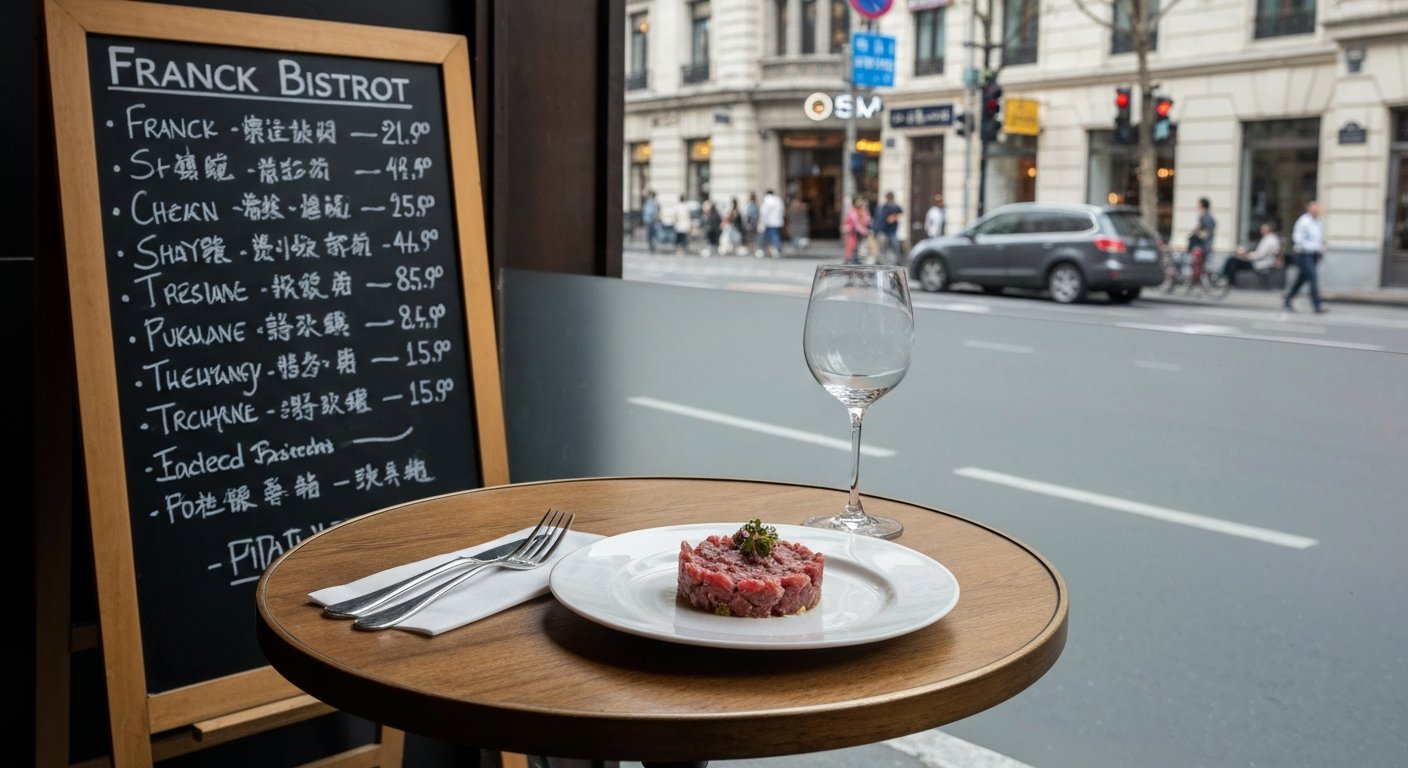 Franck Bistrot’s blackboard menu and a plate of beef tartare on a small bistro table, with Wukang Road light filtering through the window