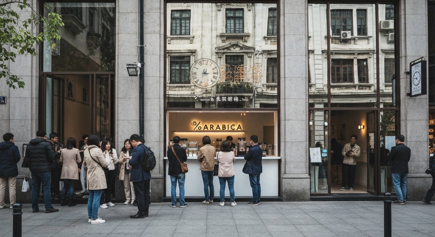%Arabica on Wukang Road with a line of customers outside, minimalist white counter in front and historic facades reflected behind the queue