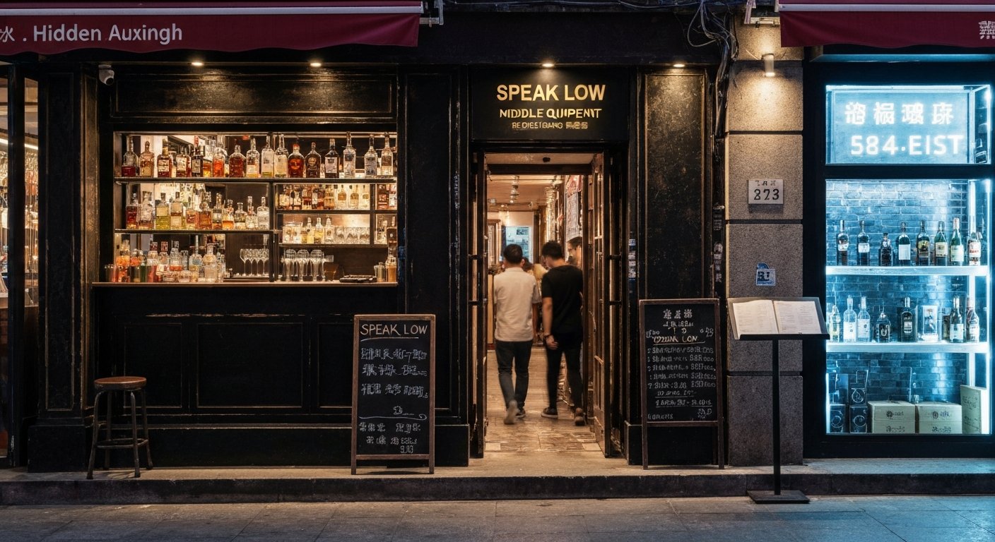 the hidden entrance to Speak Low on Middle Fuxing Road, bar-equipment shop frontage giving way to a narrow speakeasy doorway at night