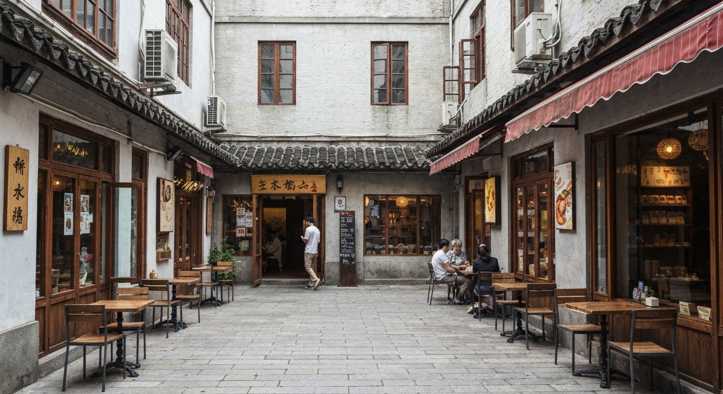 Ferguson Lane’s courtyard at 374–378 Wukang Road, with small shopfronts, cafe tables and filtered daylight between restored walls