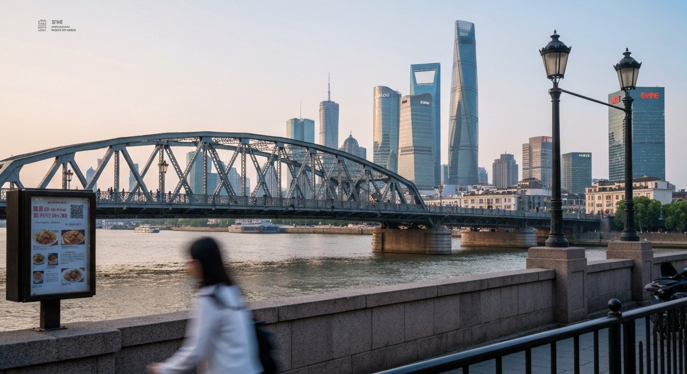 the Waibaidu Bridge spanning Suzhou Creek at the edge of Hongkou, with the old steel truss frame and the riverfront skyline behind it in late-afternoon light