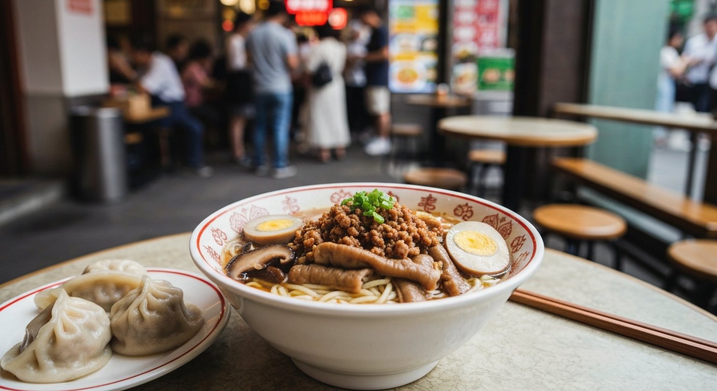 a steaming bowl of San Lin Tang noodles on a worn tabletop, topped with minced pork, braised intestine, kaofu, egg and mushrooms, with dumplings on the side in a busy lunch-hour noodle shop