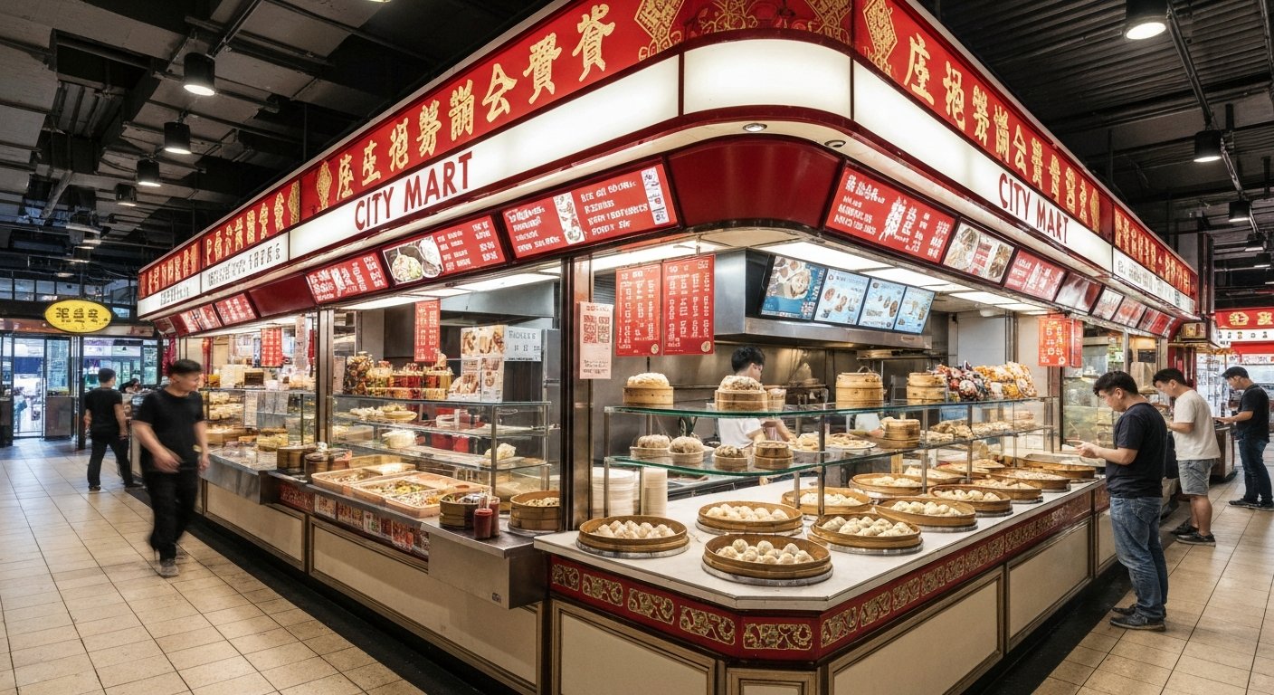 the retro City Mart food hall in Raffles City The Bund, with heritage snack counters, red signage and trays of shengjian dumplings under bright indoor lighting