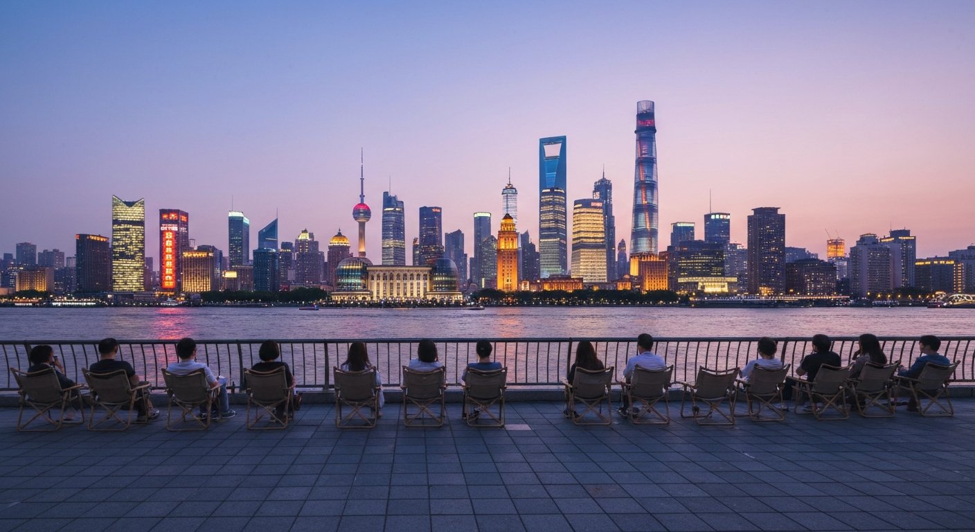 the North Bund riverside promenade at dusk, with locals sitting on folding chairs facing the illuminated Lujiazui skyline across the Huangpu River