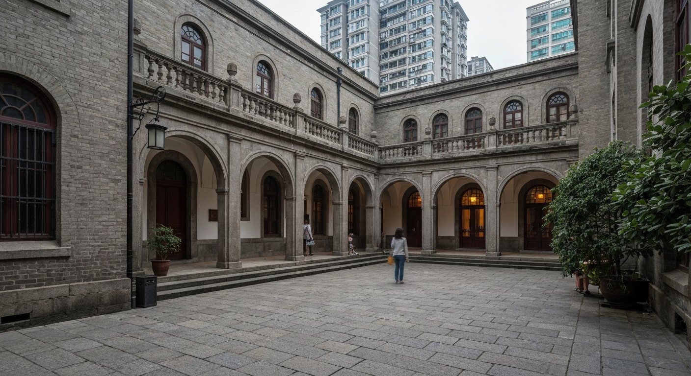 the restored Ohel Moshe Synagogue at the Shanghai Jewish Refugees Museum on Changyang Road, with a quiet courtyard and warm interior light suggesting wartime memory