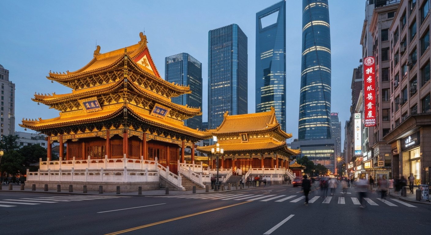 静安寺金色屋顶的殿堂在南京西路的黄昏中,泛光灯照亮寺庙,玻璃塔楼在后方升起
