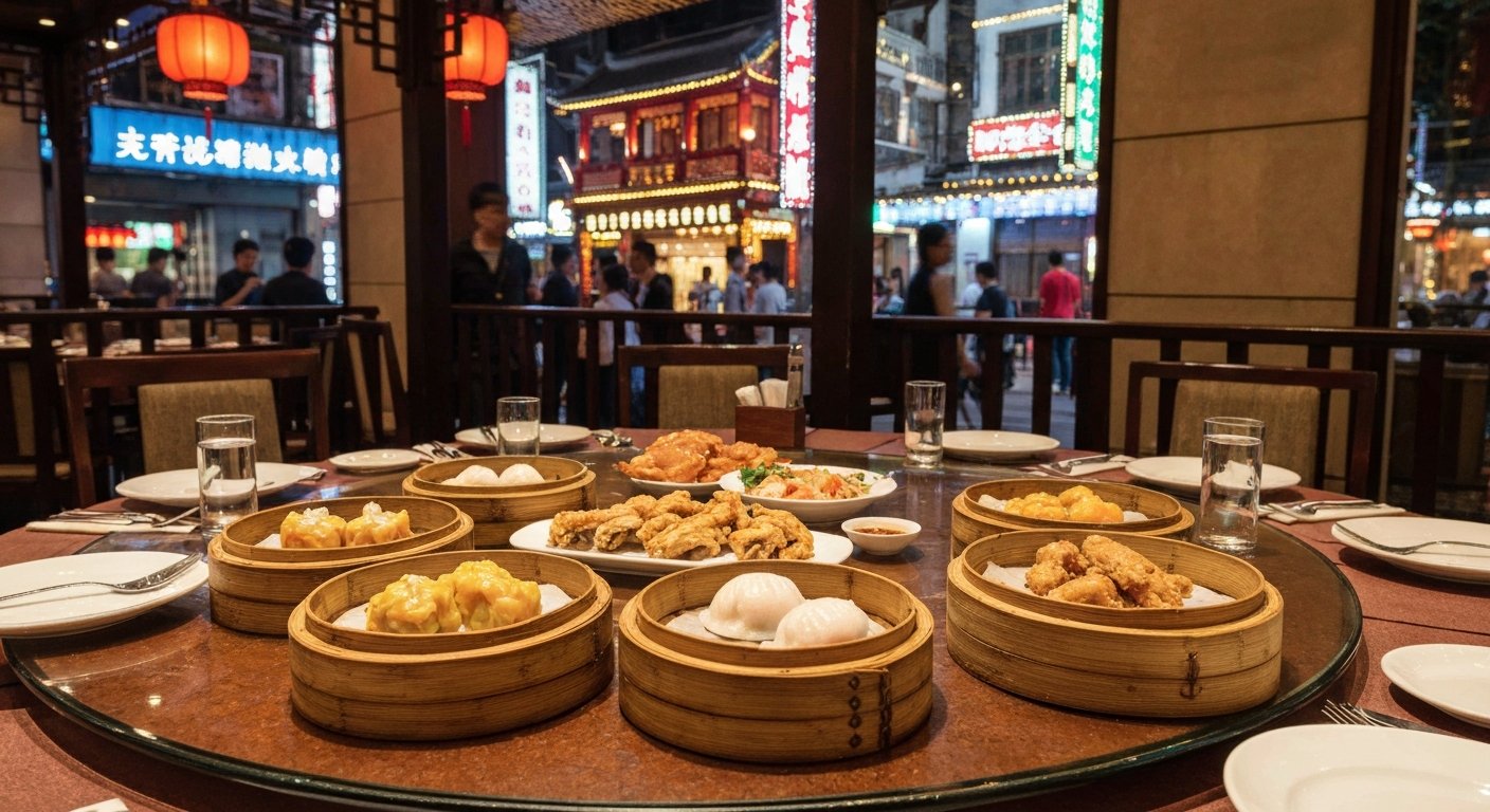 威海路家全七福的精致粤式点心餐桌,竹蒸笼和脆皮鸡在温暖餐厅灯光下摆放