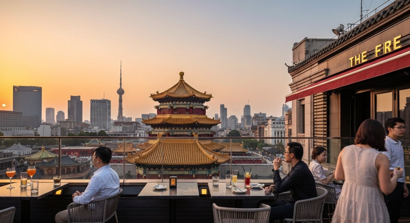 芮欧百货THE FIRE屋顶露台日落时分,桌上饮品,对面静安寺金色屋顶