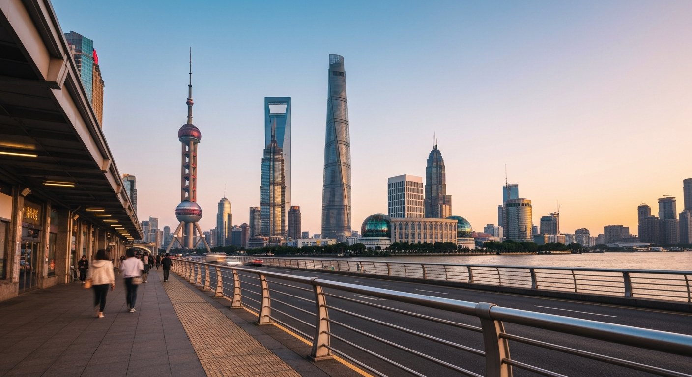 a Torre da Pérola Oriental, a Torre Jin Mao, o Centro Financeiro Mundial de Xangai e a Torre de Xangai agrupadas acima do Rio Huangpu no final da tarde, vistas de um ângulo baixo com tráfego e linhas de passarela no primeiro plano