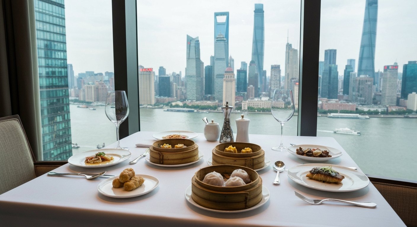 uma mesa junto à janela no Jin Xuan no 53º andar do Ritz-Carlton Pudong, com dim sum, bacalhau preto e o horizonte do Bund além do vidro