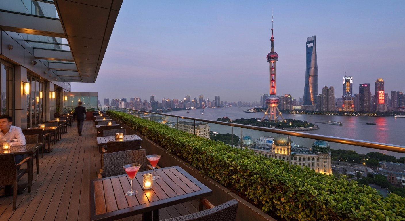 o terraço aberto do Flair no 58º andar do Ritz-Carlton Pudong ao entardecer, coquetéis nas mesas e a Torre da Pérola Oriental brilhando do outro lado do rio