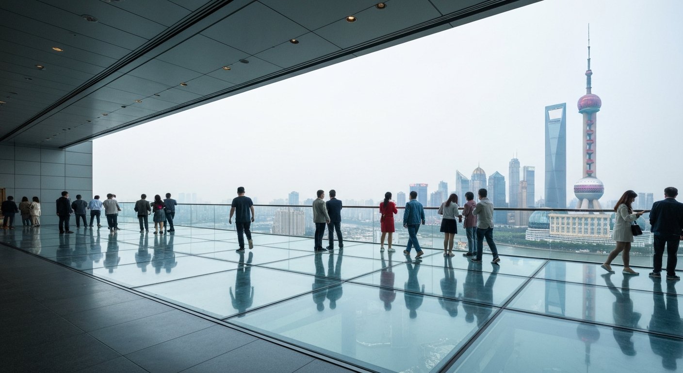 a galeria de piso de vidro dentro da Torre da Pérola Oriental com visitantes olhando para baixo através do piso transparente e a cidade muito abaixo