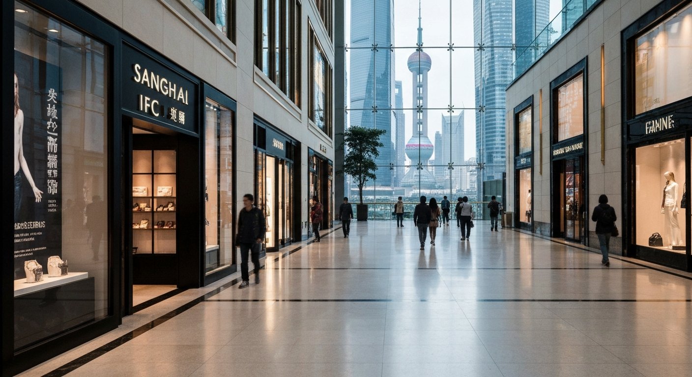 o interior polido do Shanghai IFC Mall com fachadas de lojas de luxo, luz brilhante do átrio e um vislumbre do distrito das torres além do vidro