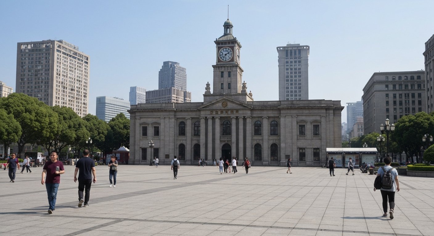 the former Shanghai Race Course clubhouse and clock tower on the north side of People's Square, photographed in clear daylight with the museum facade and open paving in front