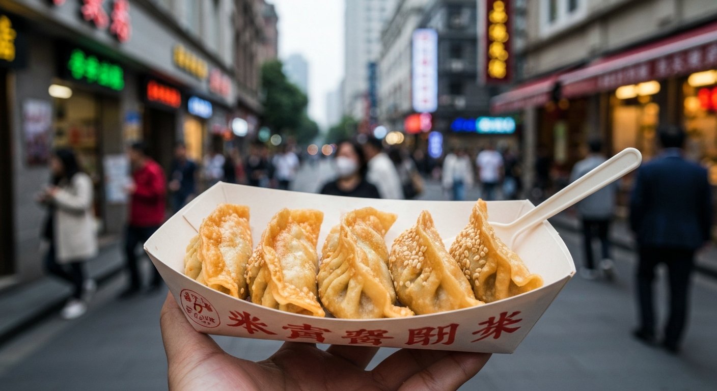 a paper tray of Yang's Fried Dumplings shengjianbao at 97 Huanghe Road, crisp golden bases and sesame seeds visible, shot close-up at street level