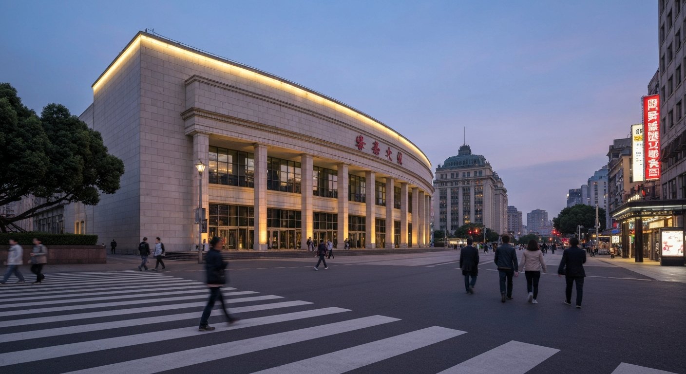 the Shanghai Grand Theatre on People's Square at dusk, its curved modern facade lit against the darkening sky with pedestrians crossing the forecourt