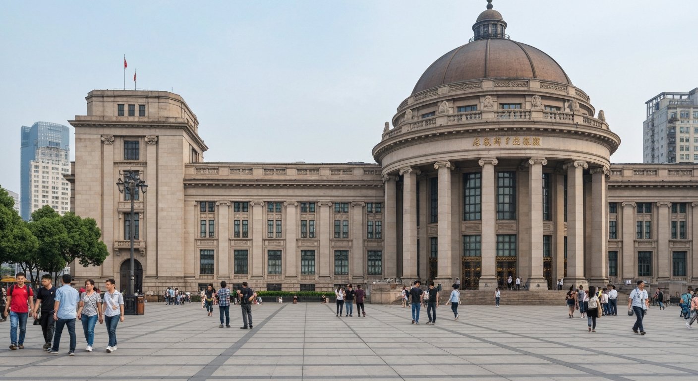 the Shanghai Museum's bronze-dome facade on the south side of People's Square, photographed front-on in daylight with the broad plaza and visitors below