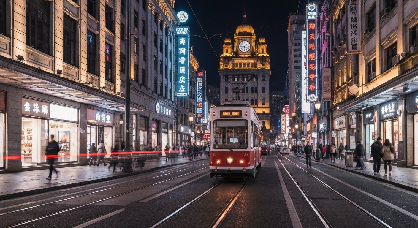 East Nanjing Road at night with neon storefronts, the vintage Dangdang sightseeing tram passing through the pedestrian street toward the Bund