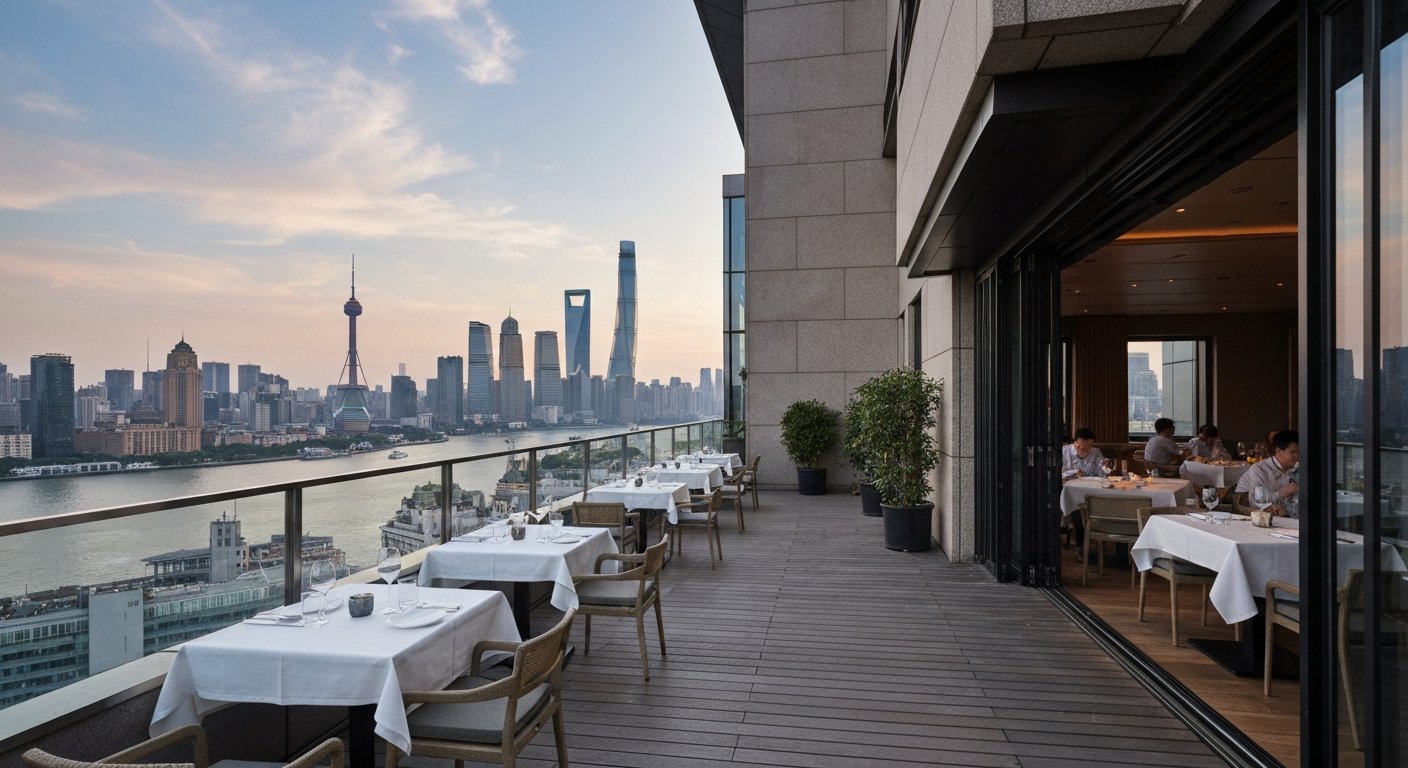 the terrace and dining room of Mr & Mrs Bund on the sixth floor of Bund 18, evening light over the Huangpu with skyline reflections beyond