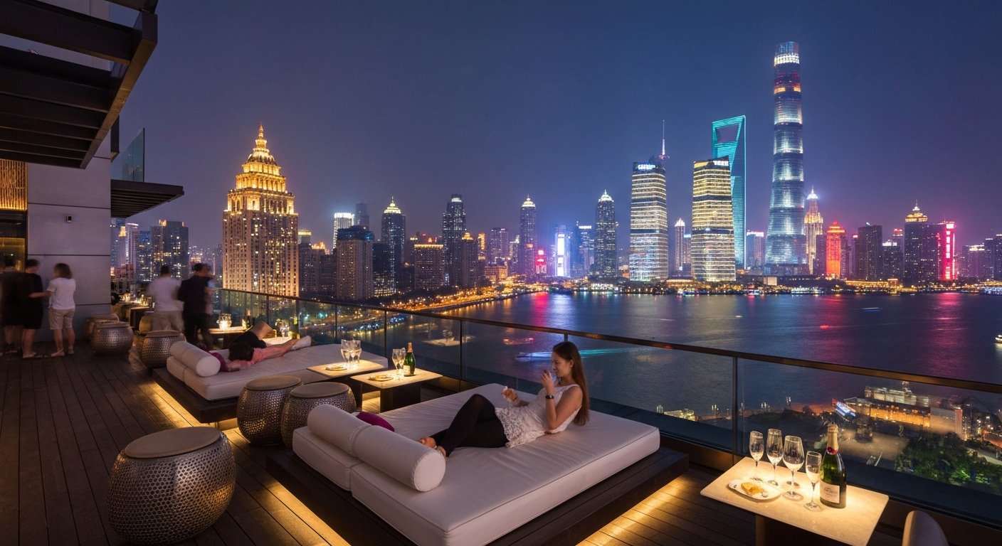 Roosevelt Sky Bar on the ninth floor of the House of Roosevelt, daybeds and champagne facing the illuminated Pudong skyline at night