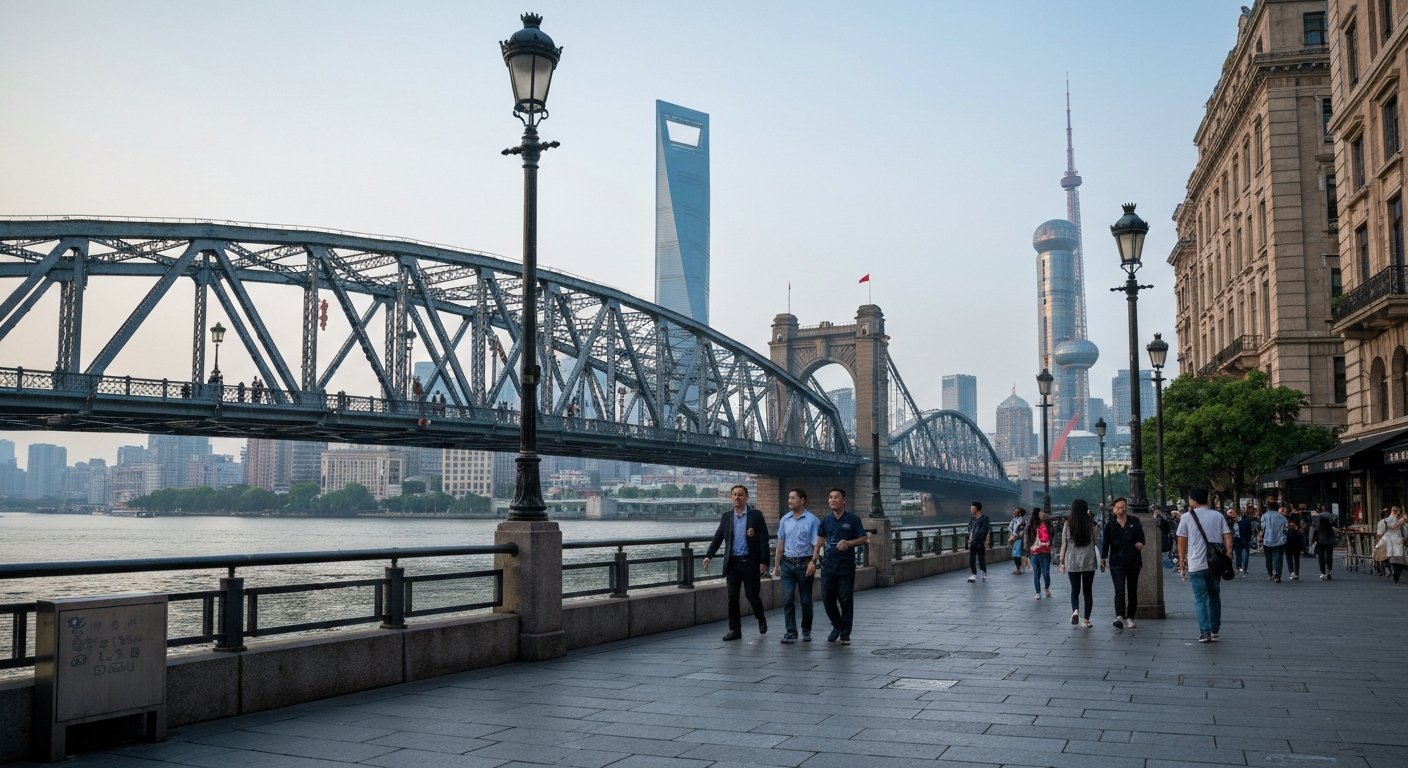 Waibaidu Bridge at the northern end of the Bund, steel truss spanning Suzhou Creek in soft morning light