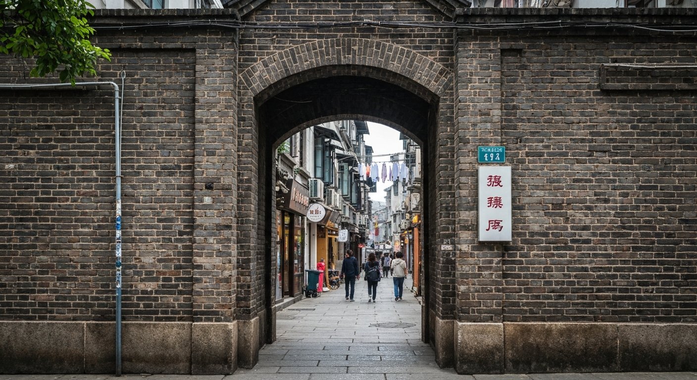 the brick entrance gap from Taikang Road into Tianzifang, with old shikumen walls, a narrow lane beyond, and the first hint of laundry and shop signs