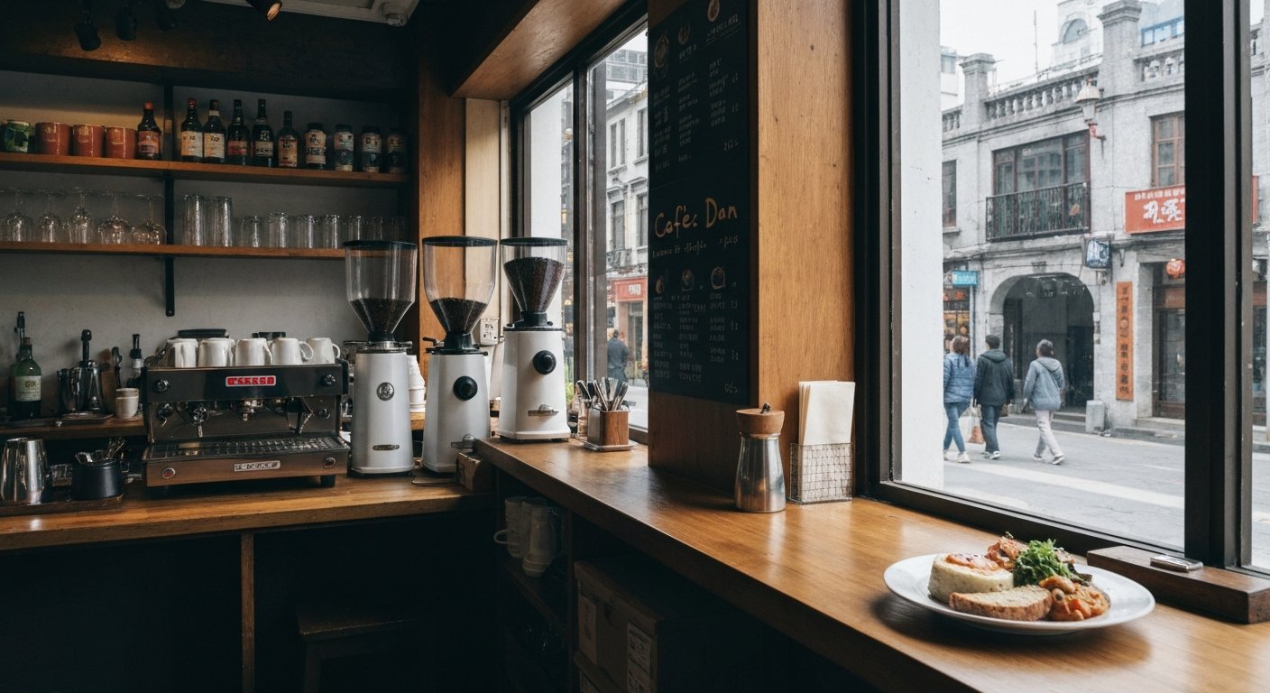 Café Dan in Lane 248, with a counter of house-roasted coffee equipment, cups on the bar, and a quiet lunch plate of Japanese-Western comfort food beside the window