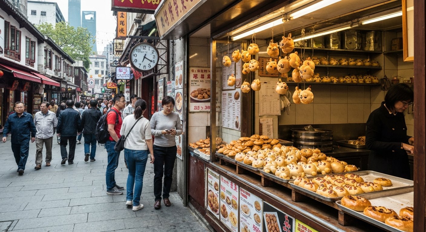 Old Shanghai Cake Shop near Lane 210, with trays of traditional pastries and animal-shaped buns in a compact shopfront crowded by passing visitors
