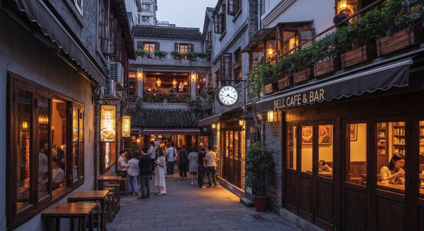 Bell Café & Bar at dusk, with a small terrace above the lane, warm lights inside low-ceilinged rooms, and the alley glowing below