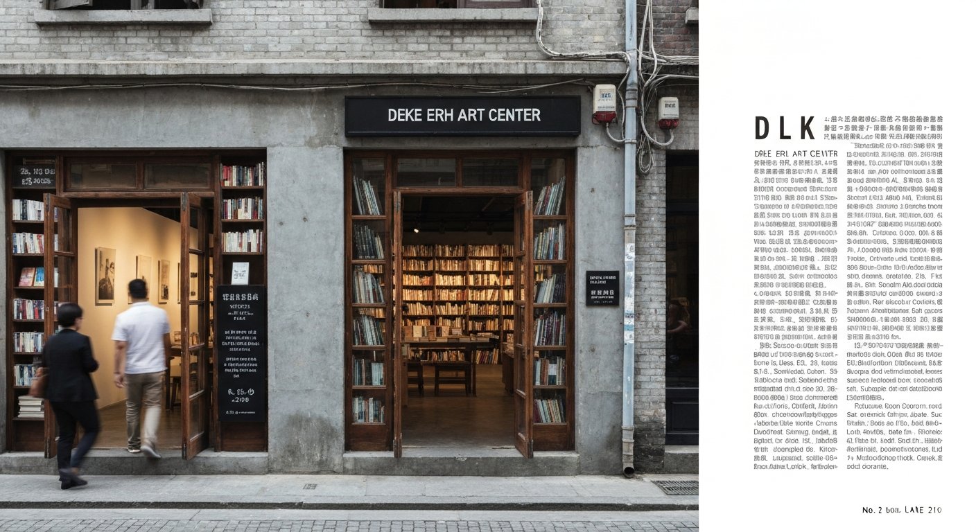 the Deke Erh Art Center at No. 2 Lane 210, with its converted-factory frontage, gallery entrance, and book-filled interior glimpsed from the lane