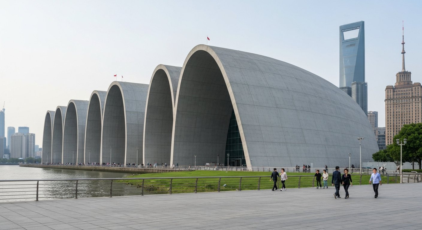 the Long Museum West Bund’s grey poured-concrete vaults seen from the promenade, with the riverfront lawn and a few walkers in shirt sleeves