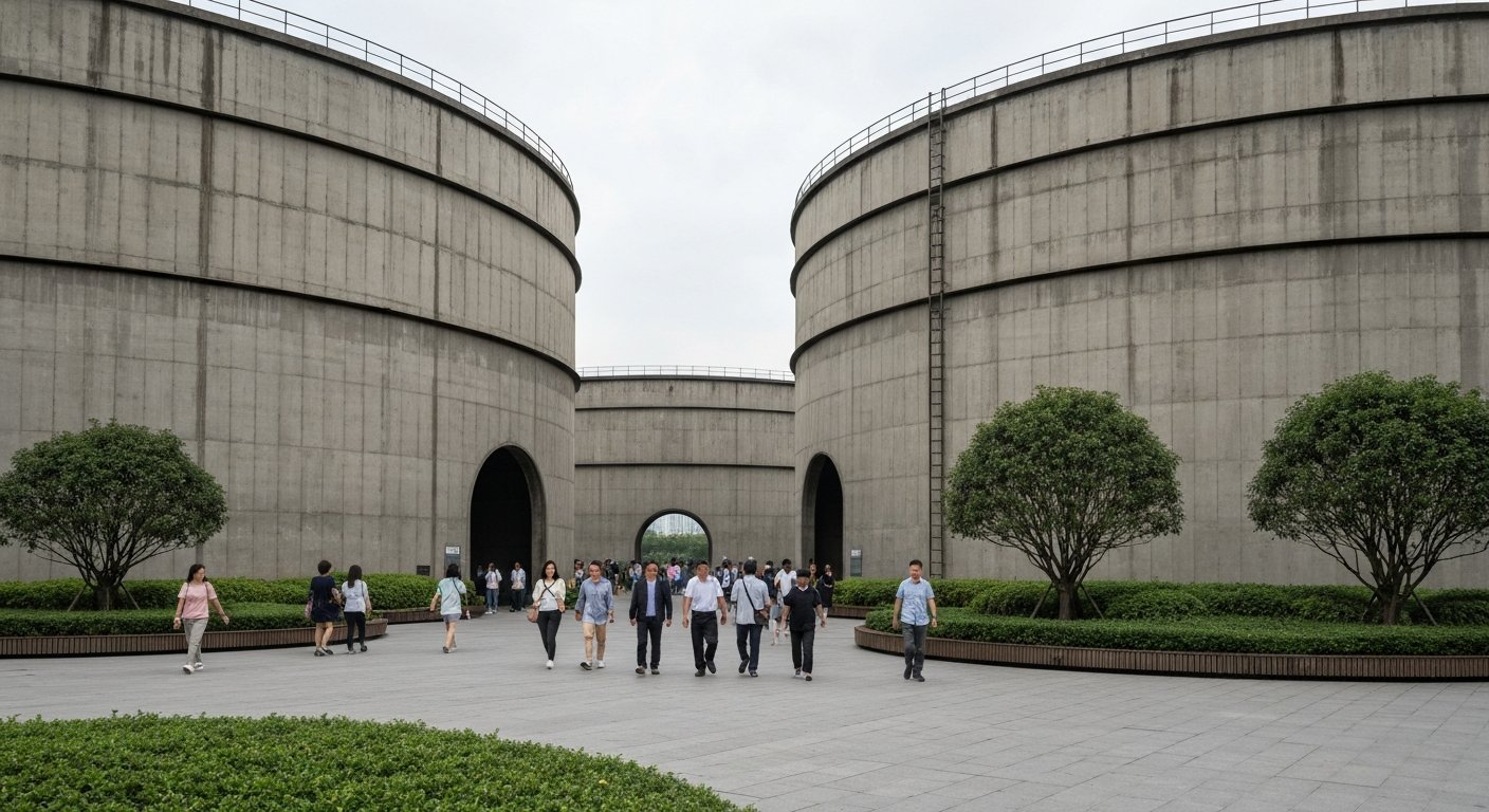 Tank Shanghai’s circular former fuel tanks and surrounding park at 2380 Longteng Avenue, shot from ground level with visitors walking between the concrete cylinders
