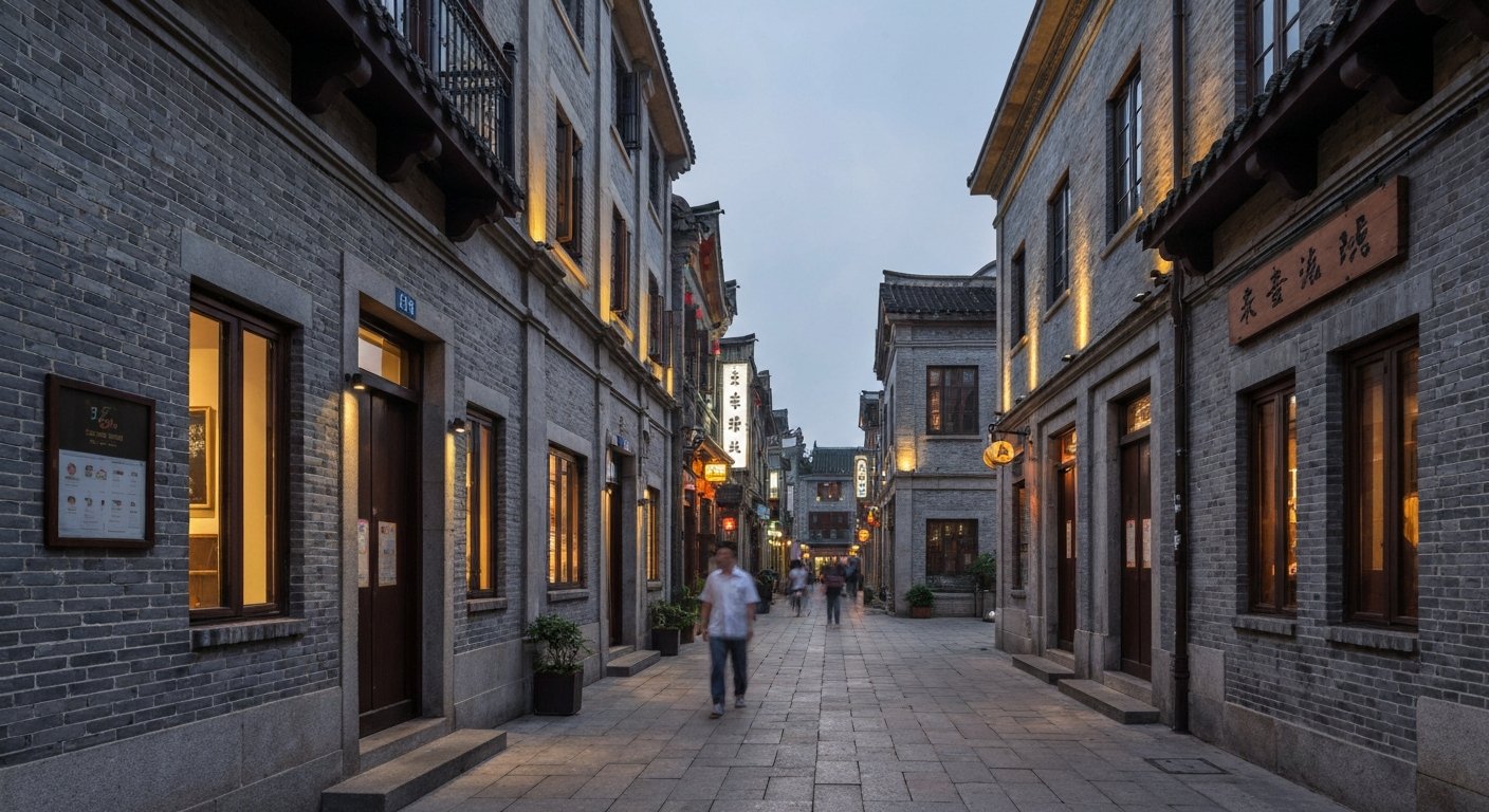 restored shikumen lane houses in Xintiandi at dusk, grey-brick facades and stone door-frames glowing under warm terrace lights