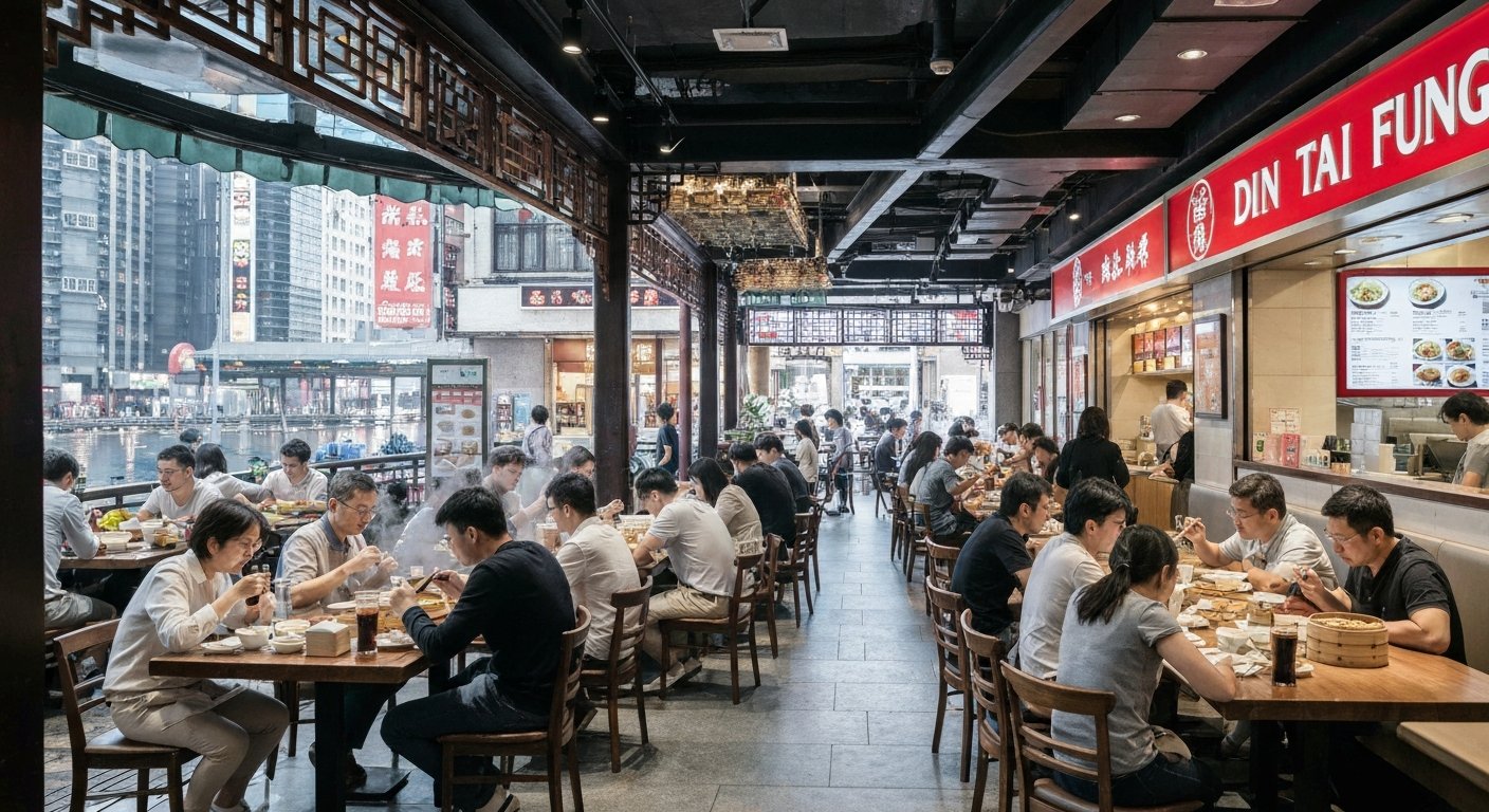 Din Tai Fung in Xintiandi, steaming xiaolongbao baskets and diners at closely packed tables on the busy South Block second floor