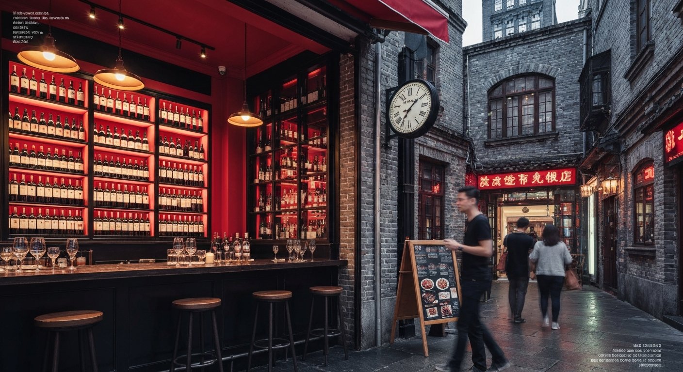 Penfolds Cellar No 8 at 8 Jinan Road, red-and-black wine bar interior with bottles on display and shikumen brickwork visible in warm evening light