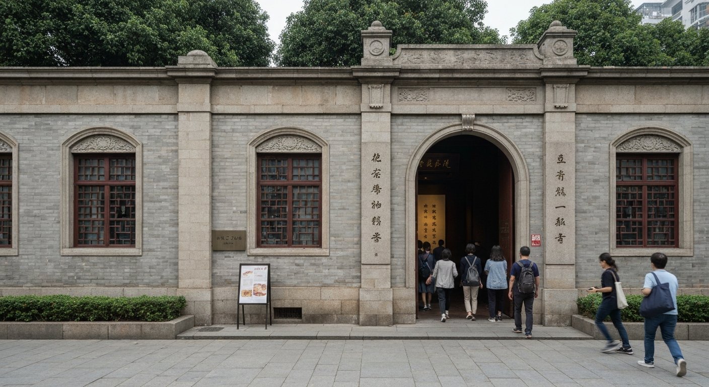 the Site of the First National Congress of the CPC at 76 Xingye Road, preserved shikumen house facade with visitors entering the memorial hall beside it
