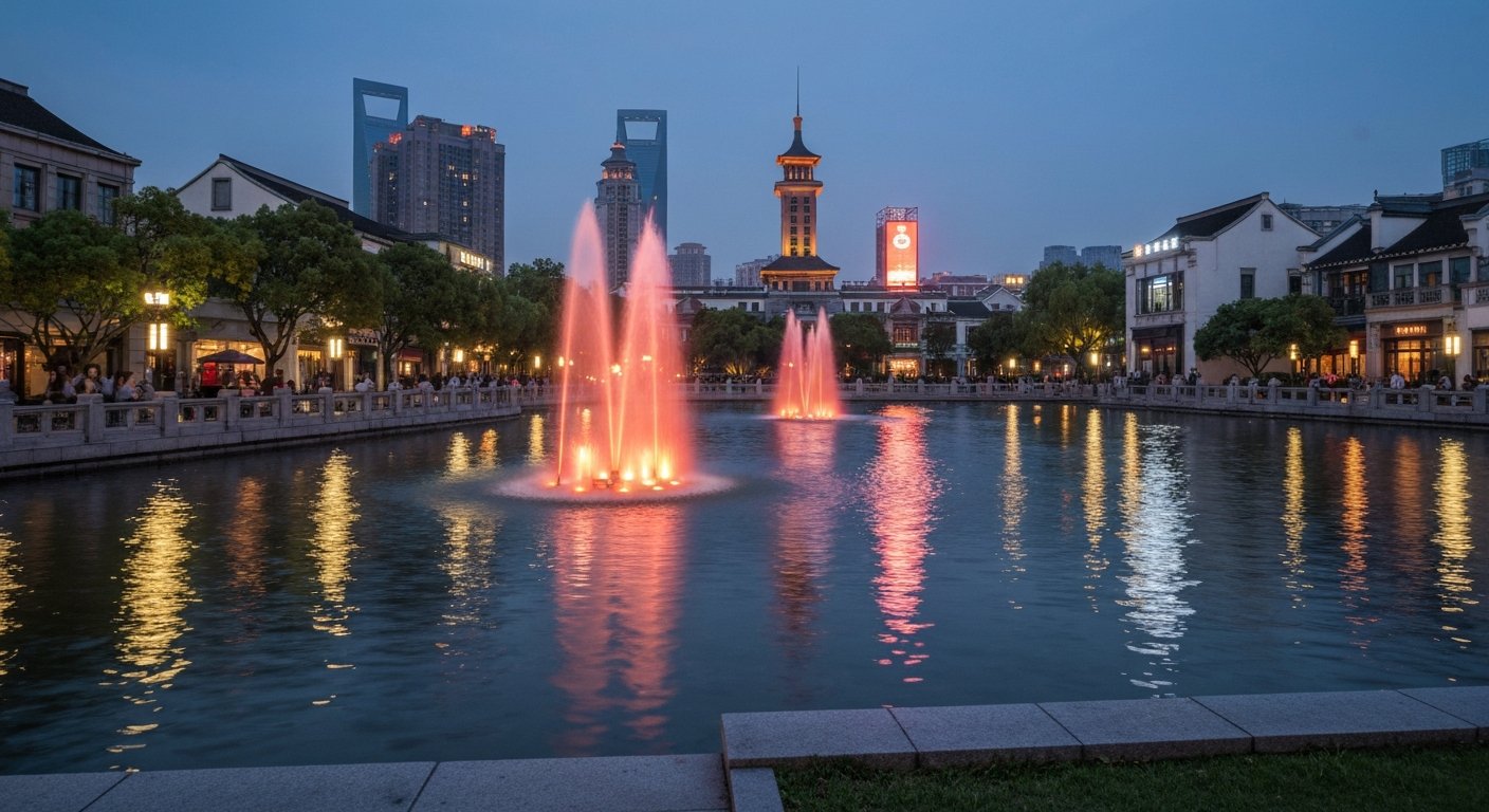 Taipingqiao Park and Taiping Lake at dusk, fountain lights on the water with Xintiandi facades reflected in the lake